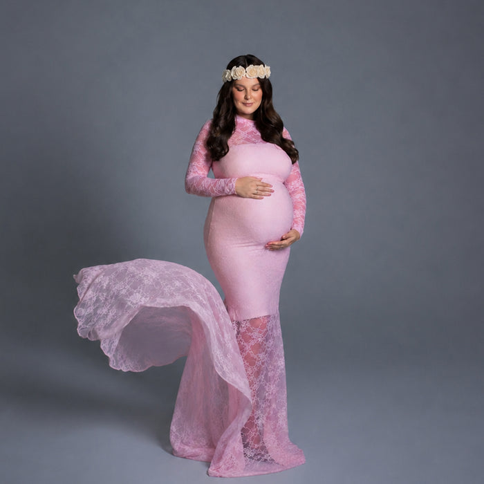 Babymoon Full Sleeve Net Lace Stretchable Maternity Gown Dress | Darkpink