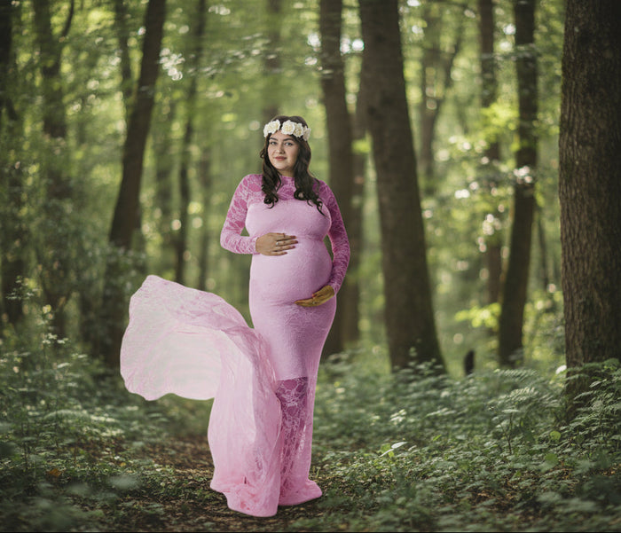 Babymoon Full Sleeve Net Lace Stretchable Maternity Gown Dress | Darkpink