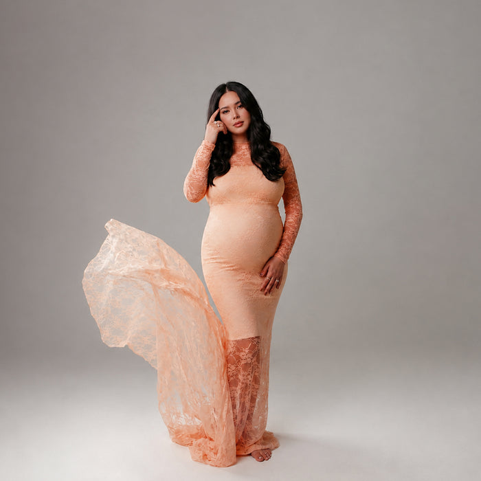 Babymoon Full Sleeve Net Lace Stretchable Maternity Gown Dress | Peach