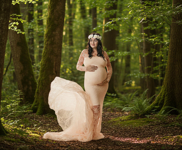 Babymoon Full Sleeve Net Lace Stretchable Maternity Gown Dress | Peach
