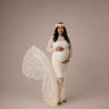 Babymoon Full Sleeve Net Lace Stretchable Maternity Gown Dress | White
