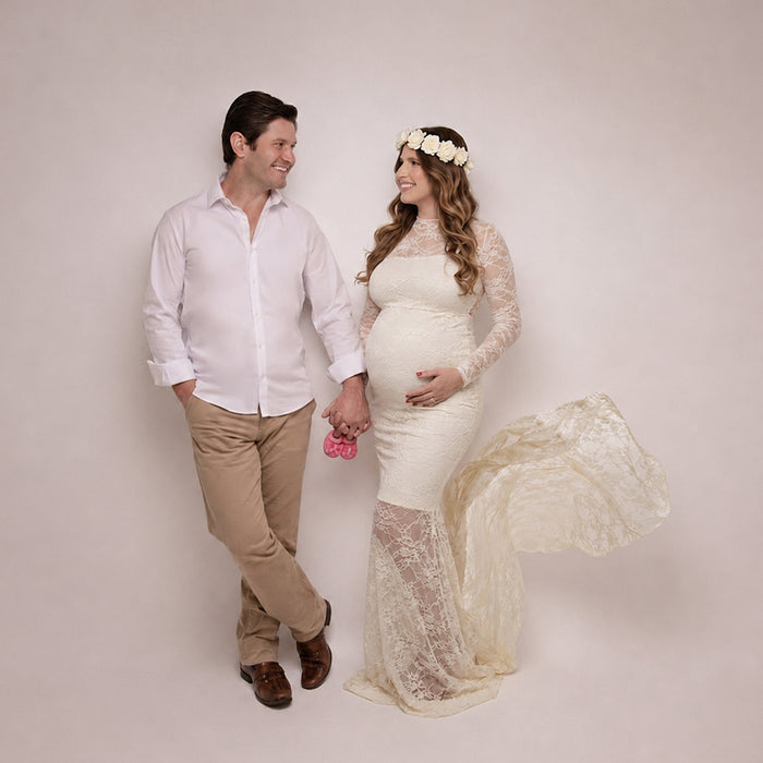 Babymoon Full Sleeve Net Lace Stretchable Maternity Gown Dress | White