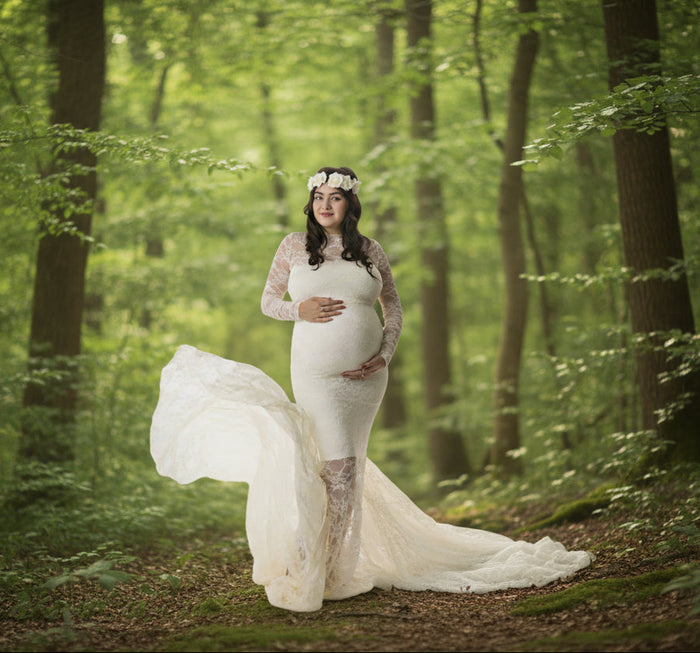 Babymoon Full Sleeve Net Lace Stretchable Maternity Gown Dress | White