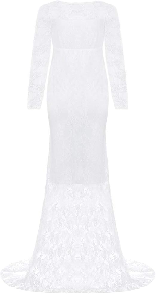 Babymoon Full Sleeve Net Lace Stretchable Maternity Gown Dress | White