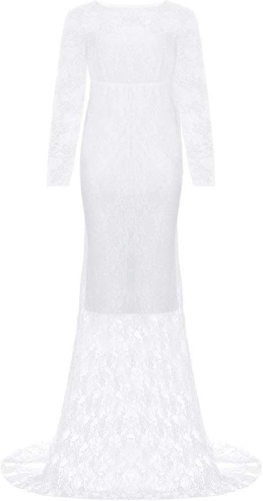 Babymoon Full Sleeve Net Lace Stretchable Maternity Gown Dress | White