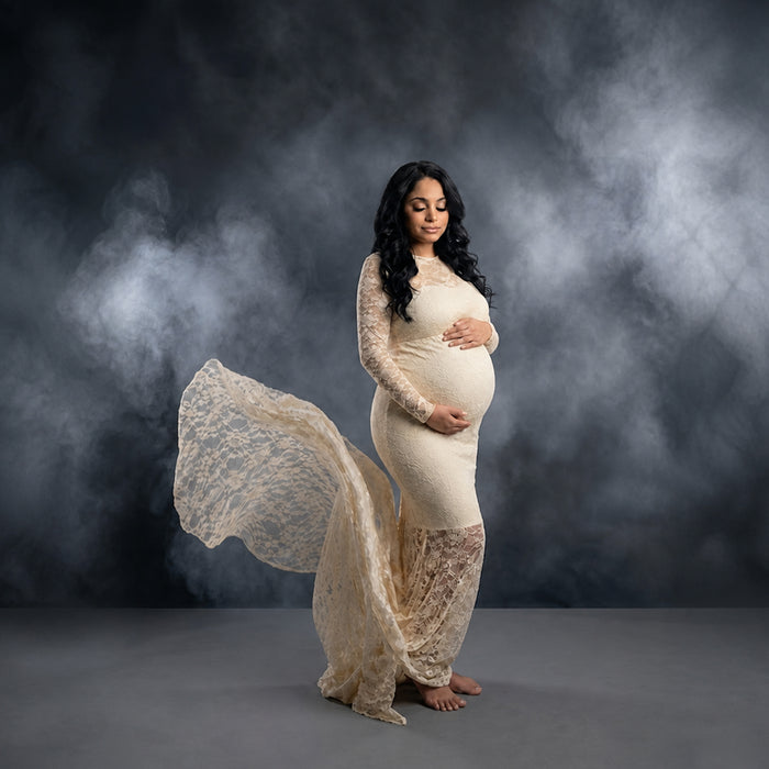 Babymoon Full Sleeve Net Lace Stretchable Maternity Gown Dress | Yellow