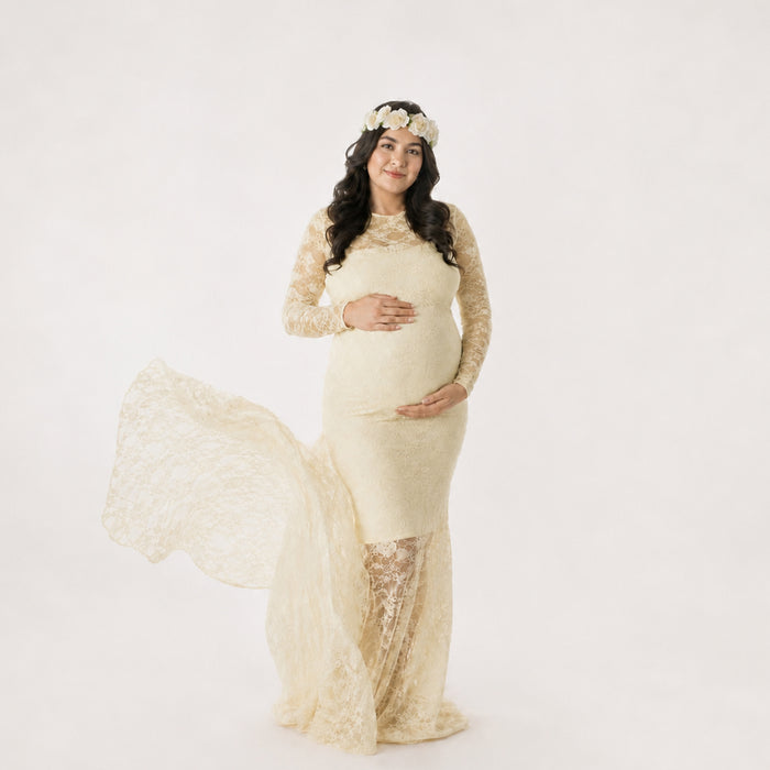 Babymoon Full Sleeve Net Lace Stretchable Maternity Gown Dress | Yellow