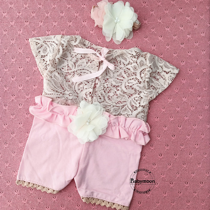 Babymoon Fusion Lace Romper with Hairband Photoshoot Props Costume - Pink A