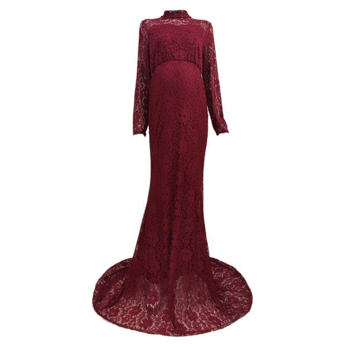 Babymoon High Neck Full Sleeve Maternity Gown Dress - Maroon