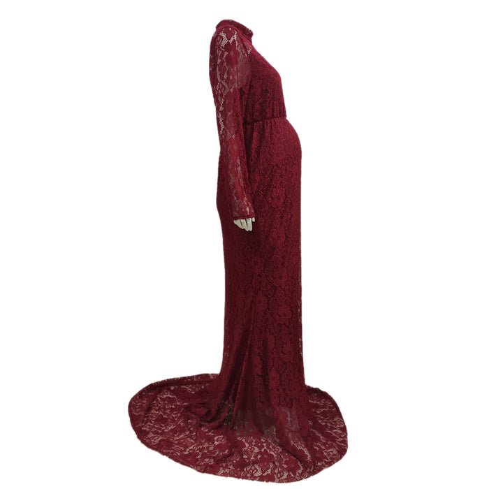 Babymoon High Neck Full Sleeve Maternity Gown Dress - Maroon