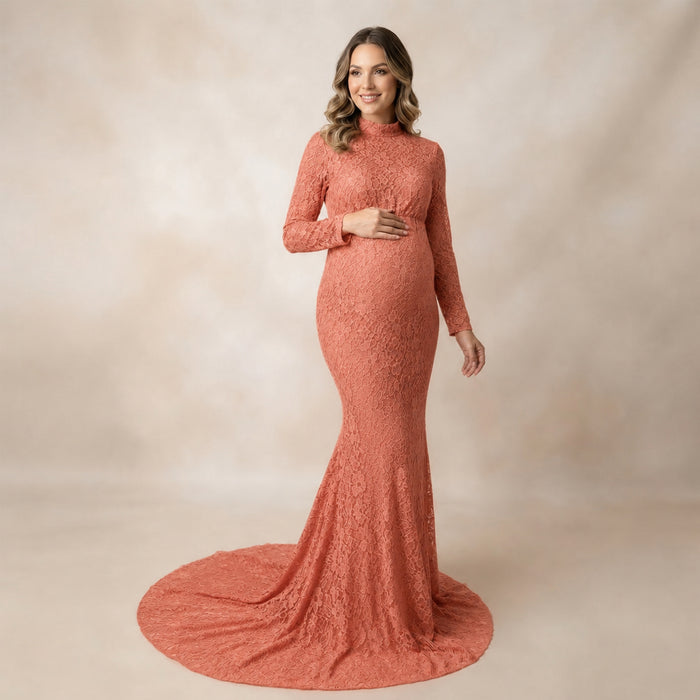 Babymoon High Neck Full Sleeve Maternity Gown Dress - Peach