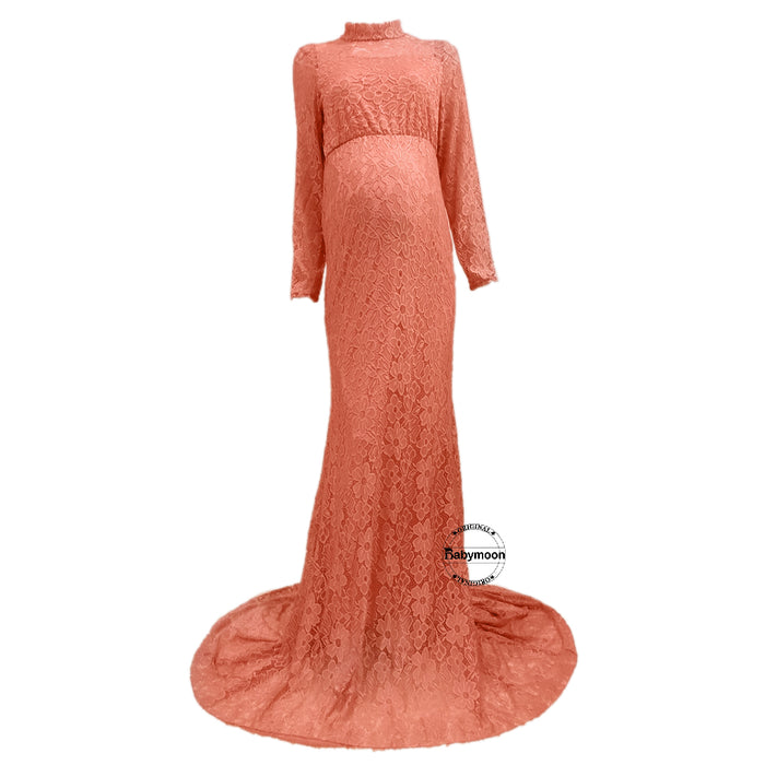 Babymoon High Neck Full Sleeve Maternity Gown Dress - Peach