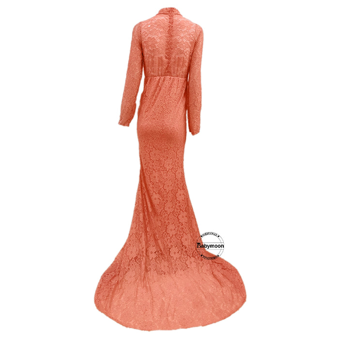 Babymoon High Neck Full Sleeve Maternity Gown Dress - Peach