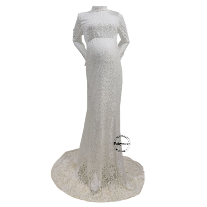 Babymoon High Neck Full Sleeve Maternity Gown Dress - White