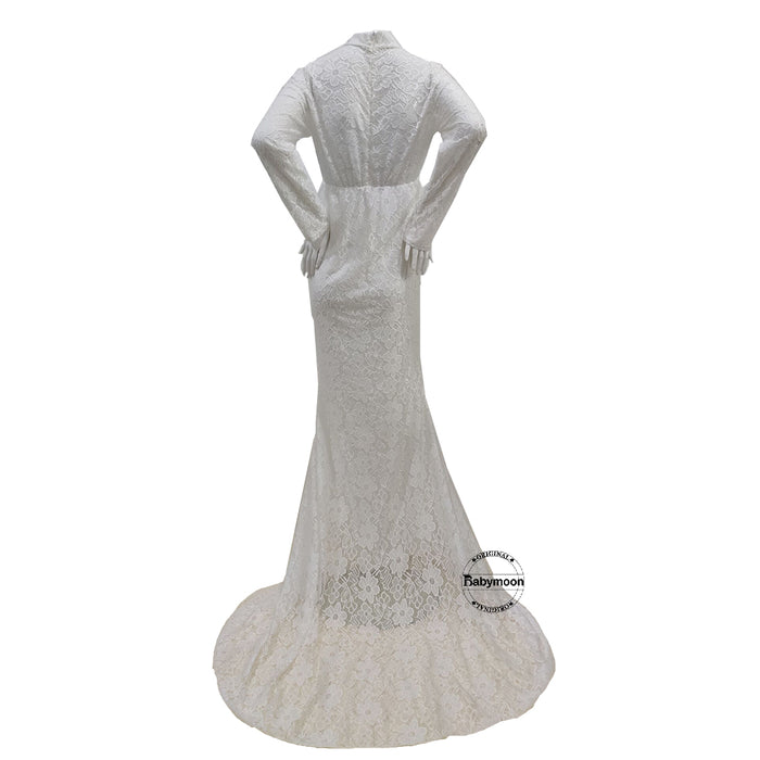 Babymoon High Neck Full Sleeve Maternity Gown Dress - White