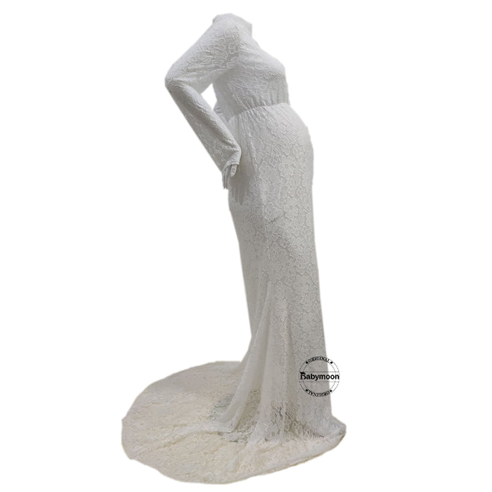 Babymoon High Neck Full Sleeve Maternity Gown Dress - White