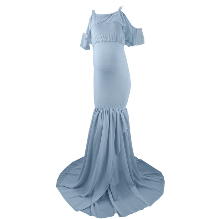 Babymoon Lace Leaky Shoulder Maternity Gown Dress - Blue