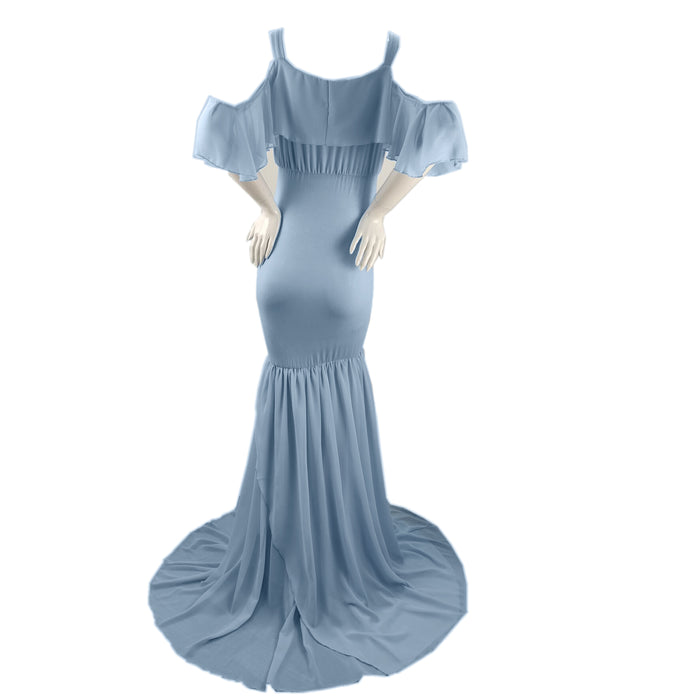 Babymoon Lace Leaky Shoulder Maternity Gown Dress - Blue