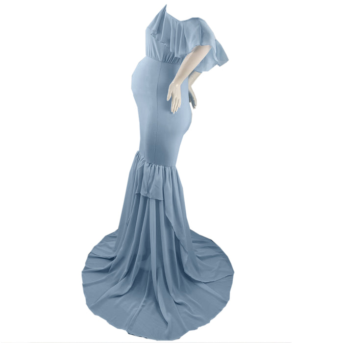 Babymoon Lace Leaky Shoulder Maternity Gown Dress - Blue
