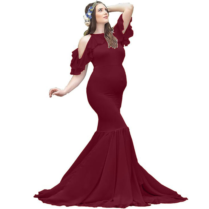 Babymoon Lace Leaky Shoulder Maternity Gown Dress - Maroon