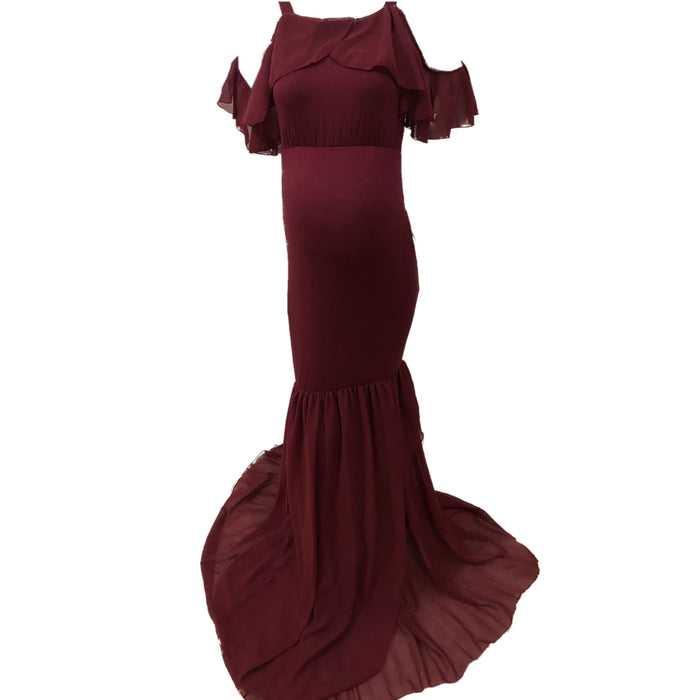 Babymoon Lace Leaky Shoulder Maternity Gown Dress - Maroon