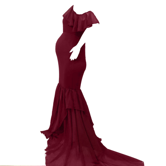 Babymoon Lace Leaky Shoulder Maternity Gown Dress - Maroon