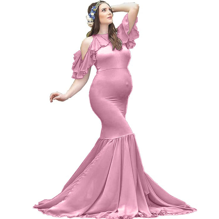 Babymoon Lace Leaky Shoulder Maternity Gown Dress - Pink