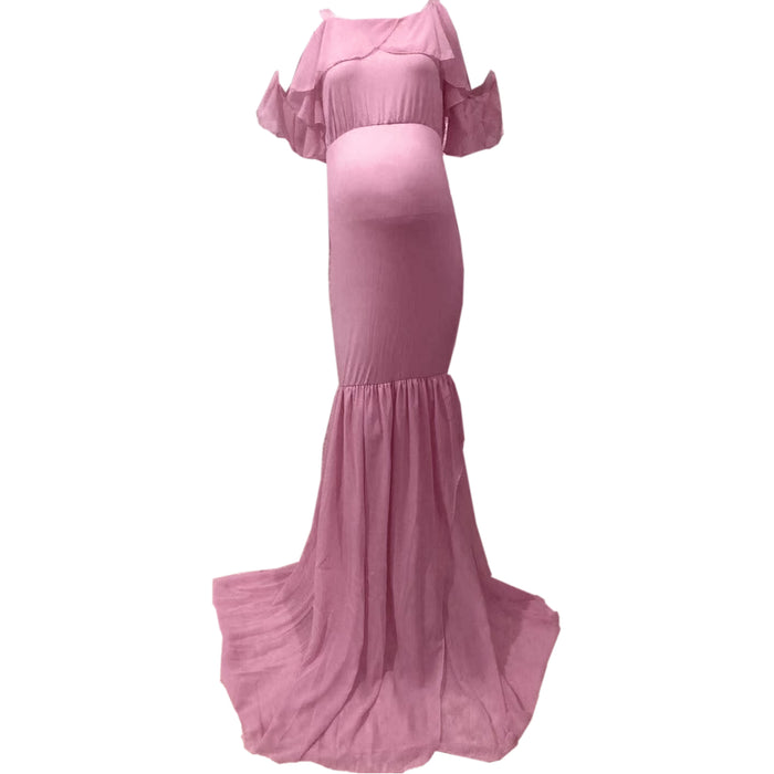 Babymoon Lace Leaky Shoulder Maternity Gown Dress - Pink