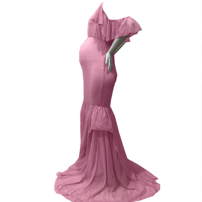 Babymoon Lace Leaky Shoulder Maternity Gown Dress - Pink