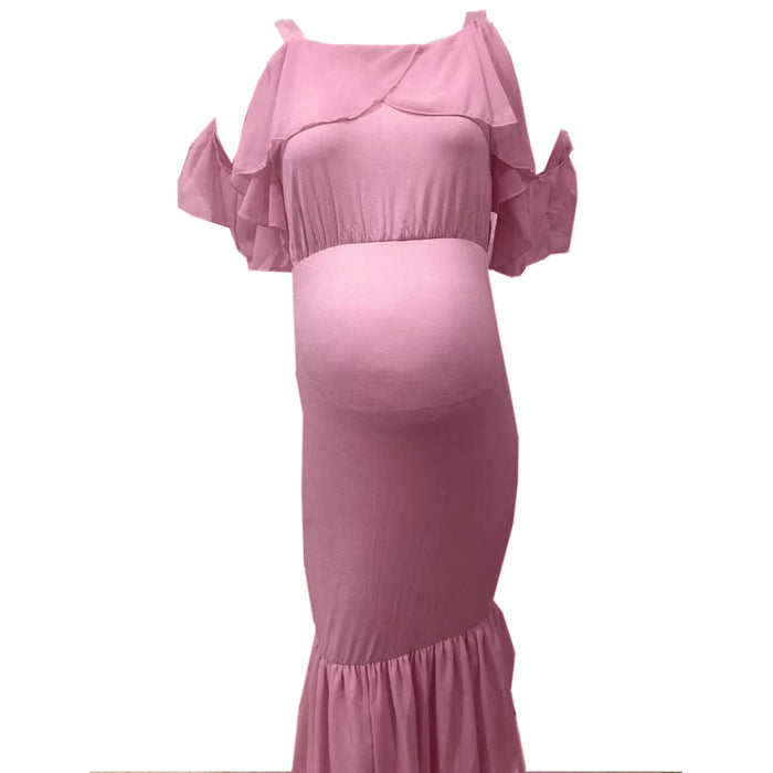 Babymoon Lace Leaky Shoulder Maternity Gown Dress - Pink
