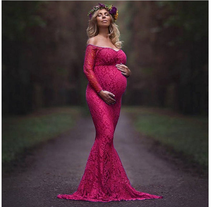 Babymoon Lace Off Shoulder Maternity Gown Dress  - Pink