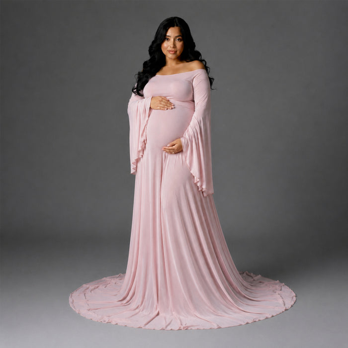Babymoon Long Sleeve Long Tail Stretchable Maternity Gown Dress | Pink