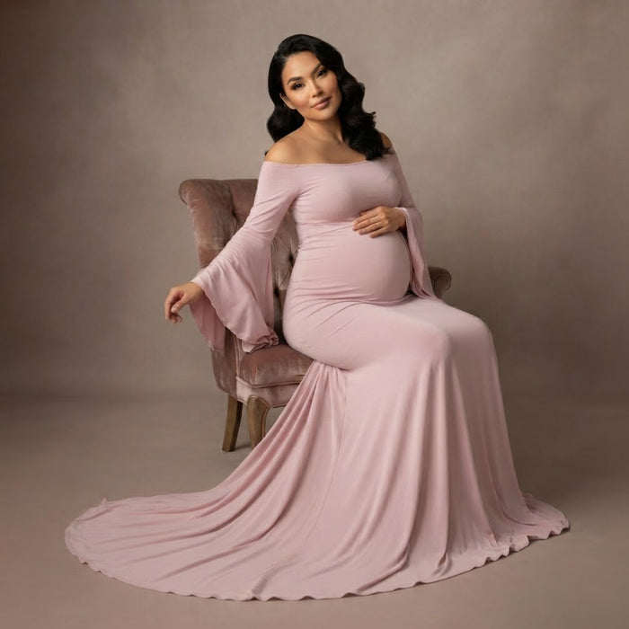 Babymoon Long Sleeve Long Tail Stretchable Maternity Gown Dress | Pink