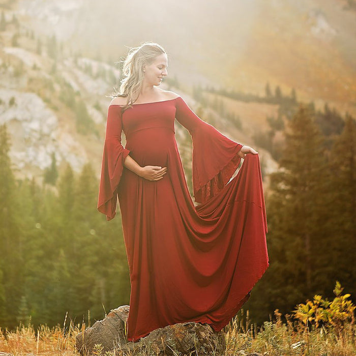 Babymoon Long Sleeve Long Tail Stretchable Maternity Gown Dress | Red