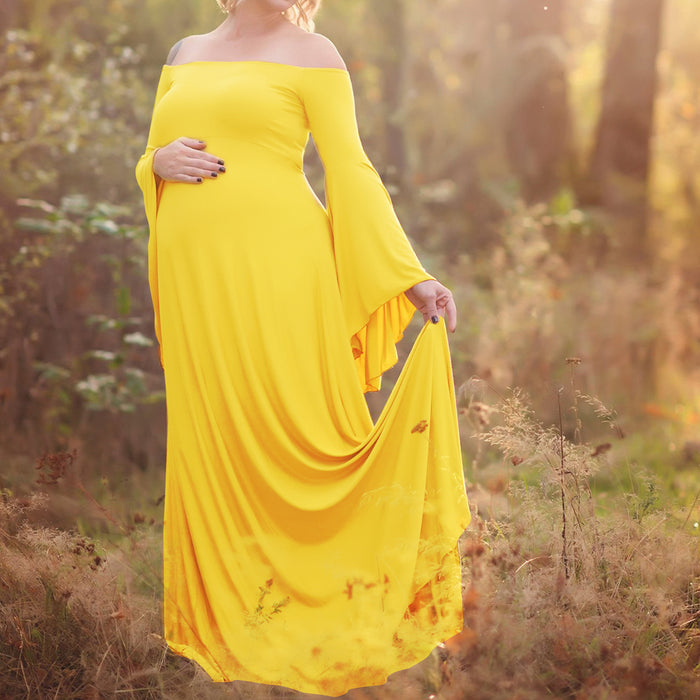 Babymoon Long Sleeve Long Tail Stretchable Maternity Gown Dress | Yellow