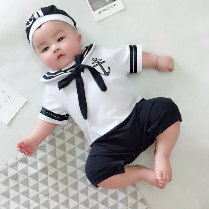 Babymoon Mediterranean Sailor Outfit | Romper with Hat | Beach Sea Style | Baby Photography Prop