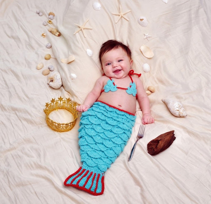 Babymoon Mermaid Newborn Photography Crochet Outfit Costume - Blue