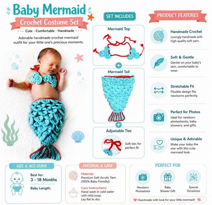 Babymoon Mermaid Newborn Photography Crochet Outfit Costume - Blue
