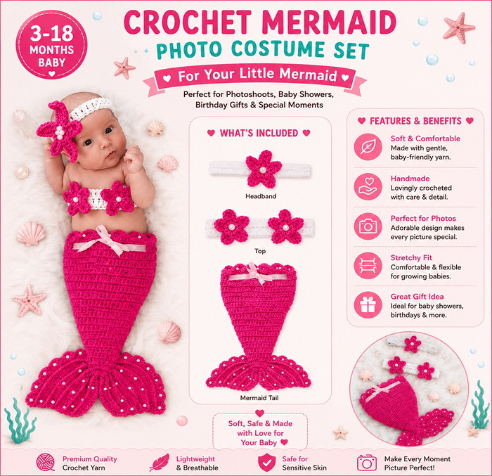 Babymoon Mermaid Newborn Photography Crochet Outfit Costume - Pink