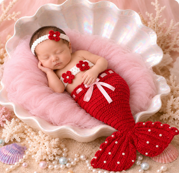 Babymoon Mermaid Newborn Photography Crochet Outfit Costume - Red