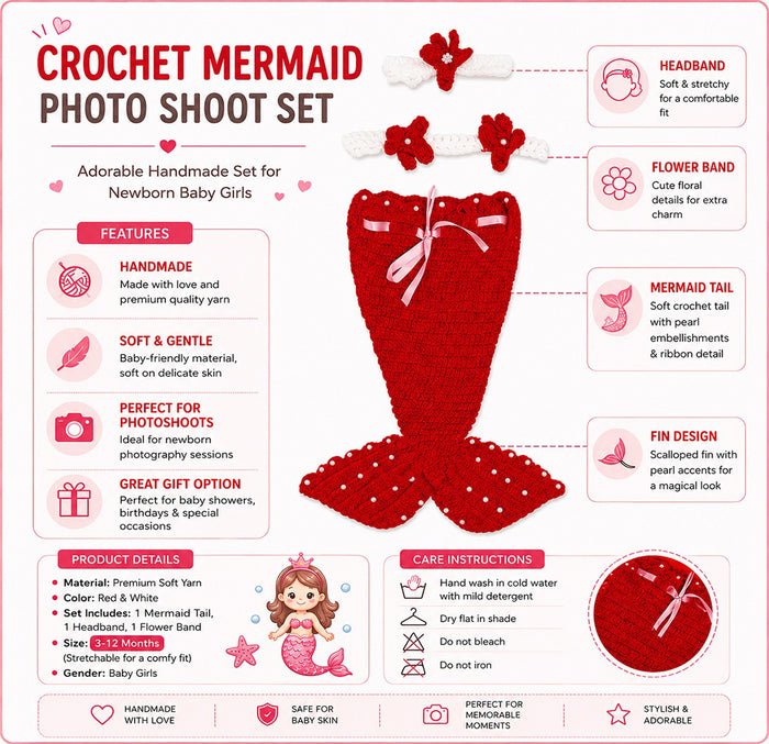 Babymoon Mermaid Newborn Photography Crochet Outfit Costume - Red