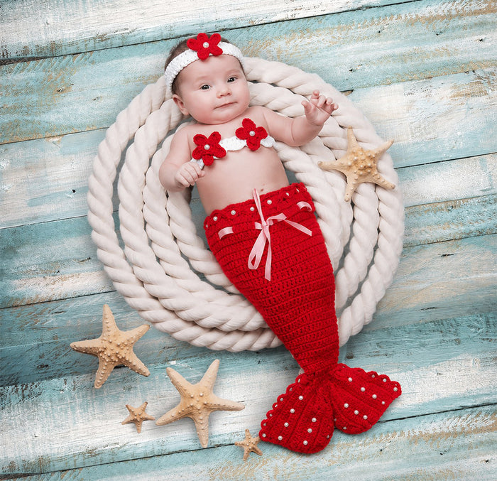 Babymoon Mermaid Newborn Photography Crochet Outfit Costume - Red