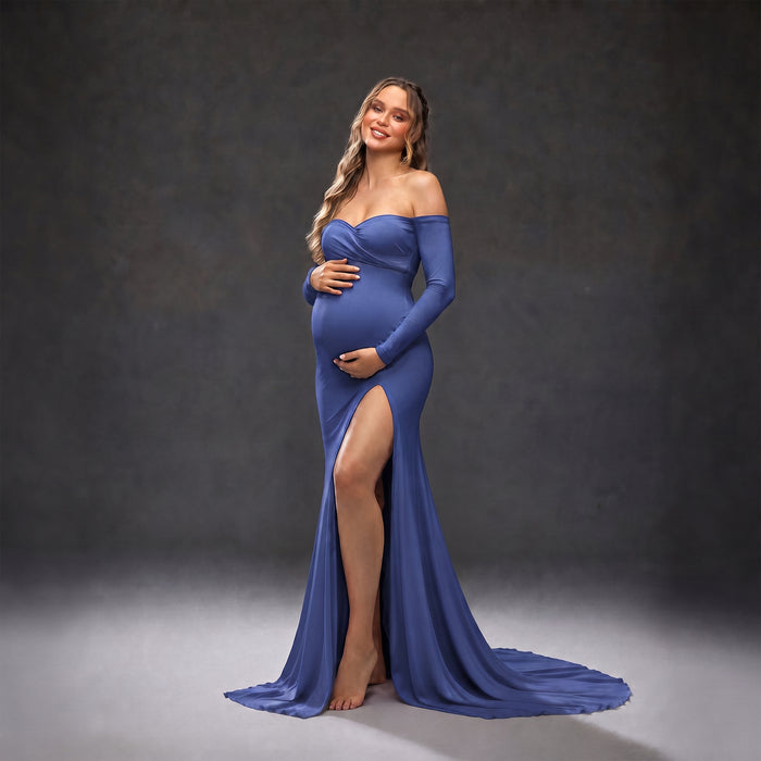 Babymoon Off Shoulder Full Sleeve Maternity Gown Dress - Blue