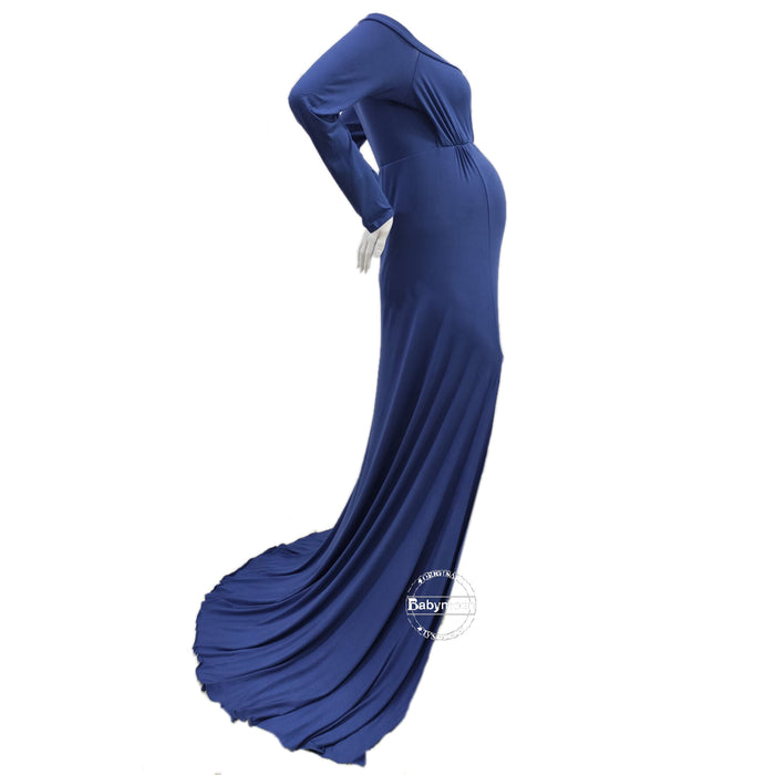 Babymoon Off Shoulder Full Sleeve Maternity Gown Dress - Blue