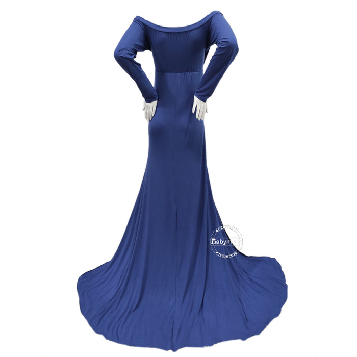 Babymoon Off Shoulder Full Sleeve Maternity Gown Dress - Blue