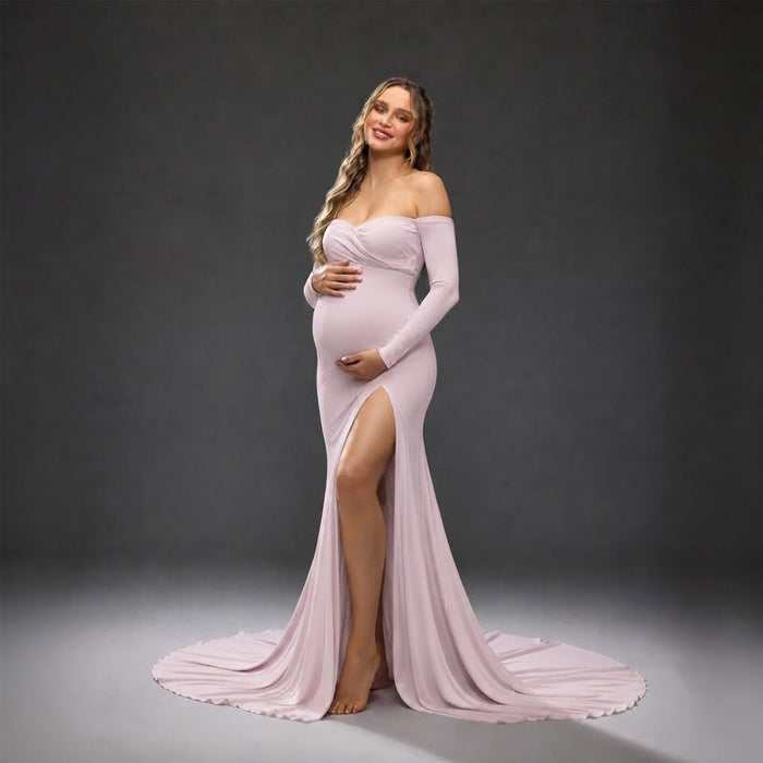 Babymoon Off Shoulder Full Sleeve Maternity Gown Dress - Pink