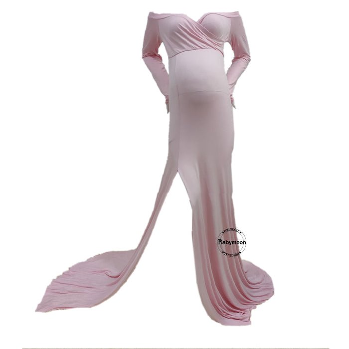 Babymoon Off Shoulder Full Sleeve Maternity Gown Dress - Pink