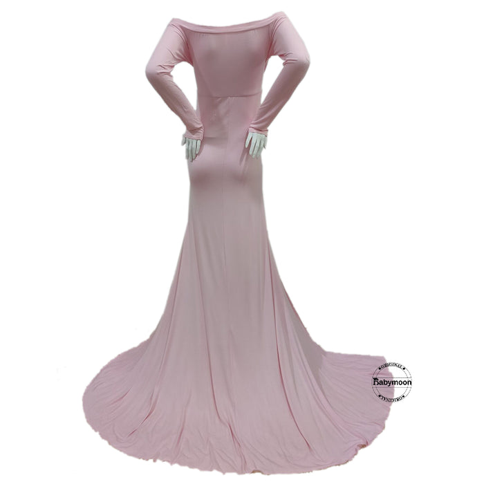 Babymoon Off Shoulder Full Sleeve Maternity Gown Dress - Pink