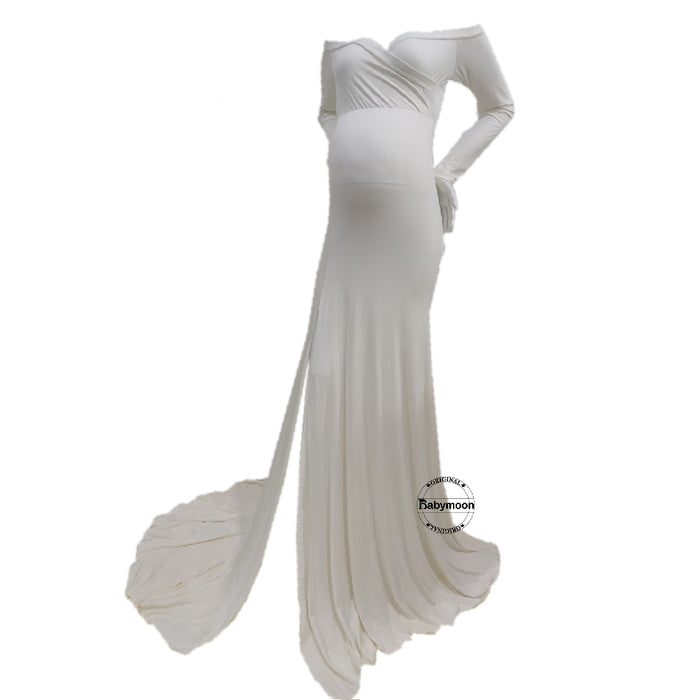 Babymoon Off Shoulder Full Sleeve Maternity Gown Dress - White