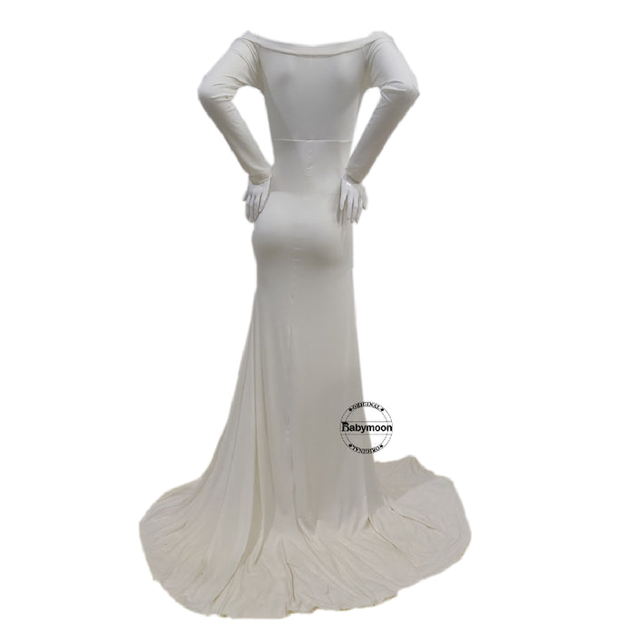 Babymoon Off Shoulder Full Sleeve Maternity Gown Dress - White